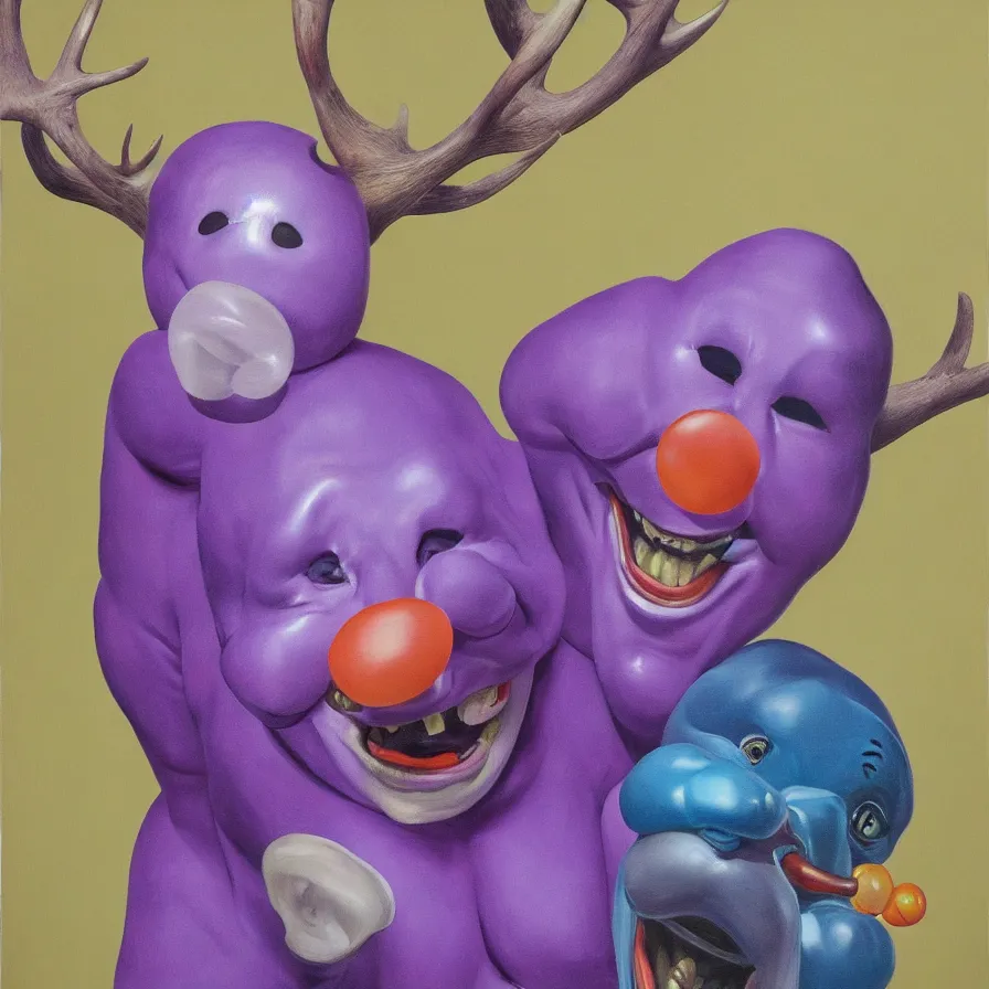 Image similar to rare hyper realistic portrait painting by italian masters, studio lighting, brightly lit purple room, a blue rubber duck with antlers laughing at a giant laughing white bear with a clown mask