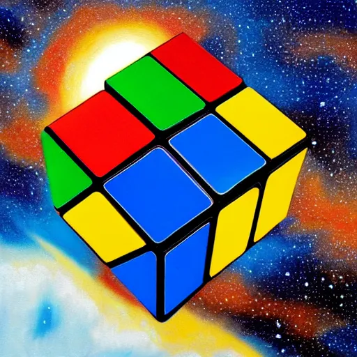 Prompt: Photorealistic oil painting of a sentient rubik's cube in space swallowing the milky way galaxy