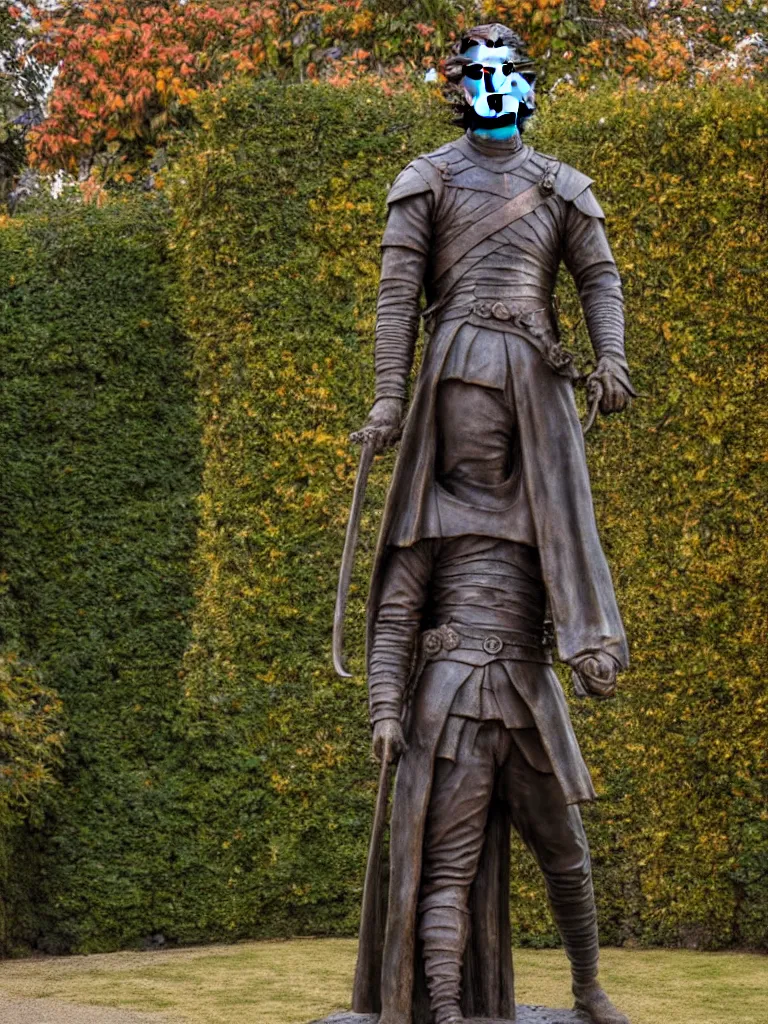 Prompt: detailed photo of old bronze patina statue of jon snow, game of thrones, super highly detailed, full body view, various poses, the garden of a castel in background, photorealism, intricate detail, museum diffuse lighting, autumn sunlights