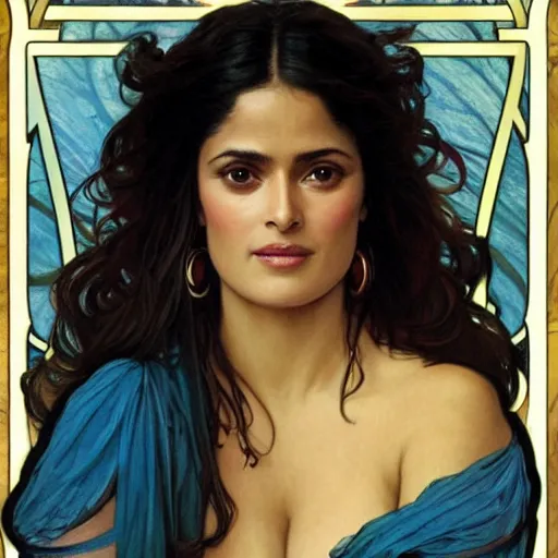 Image similar to salma hayek portrait by alfons mucha, playful, fantasy, medieval, beautiful face, vivid colrs, elegant, concept art, sharp focus, digital art, hyper - realistic, 4 k, unreal engine, highly detailed, hd, dramatic lighting by brom, trending on artstation