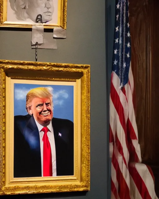 Prompt: a presidential portrait of donald trump in the style caricature artist dan springer hanging on a wall at mar - a - largo