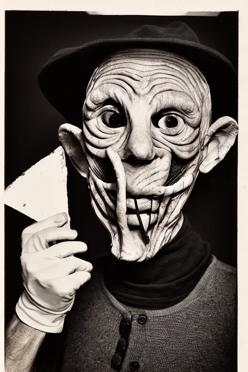 Prompt: portrait photo of an old wrinkled man, skinny face, bony face, long crooked nose, large gaping mouth, black pulcinella mask, masquerade mask, pointy conical hat, white wrinkled shirt, holding pizza, presenting pizza, close - up, skin blemishes, menacing, intimidating, masterpiece by herb ritts