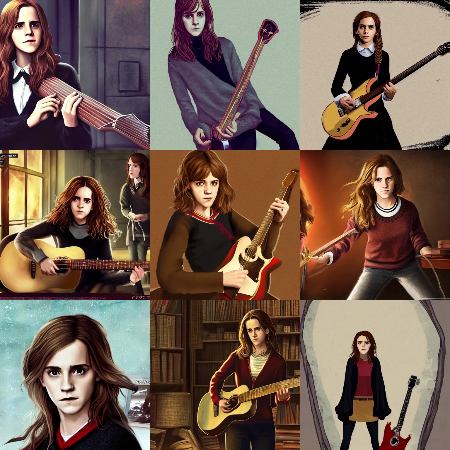 Prompt: Hermione Granger/Emma Watson wearing a black sweater, playing a guitar, in the Gryffindor common room, digital art from GTA 5, cover art by Stephen Bliss, boxart, loading screen