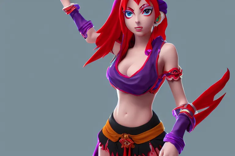 Image similar to character Lina Inverse from anime Slayers (1995 – 2009), Lina from game Dota 2, rendered in Cinema 4D and Octane and Unreal Engine 5, hyperrealism, full body photogenic shot, digital render, cinematic lighting ornate earrings, 8k resolution, masterpiece work