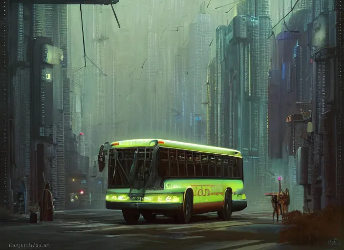 Image similar to a bus driving down a street next to tall Forest the night, cyberpunk art by Chesley Bonestell, cgsociety, retrofuturism, matte painting, reimagined by industrial light and magic