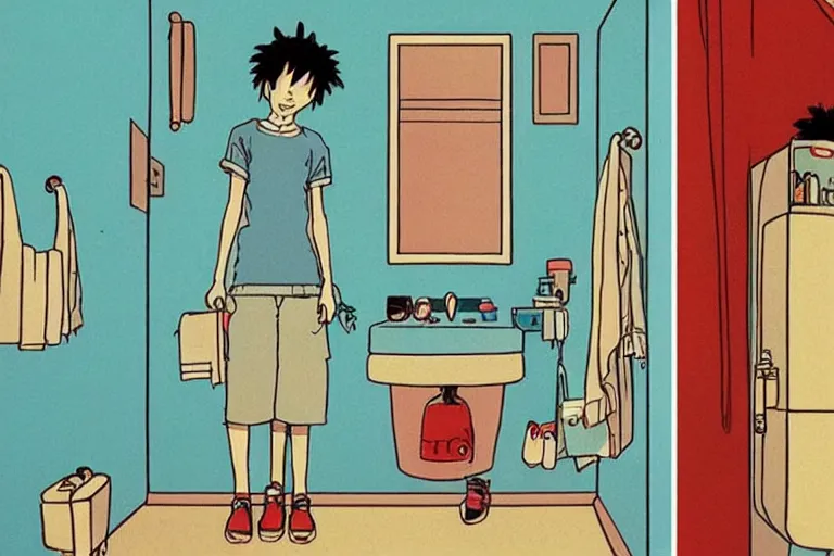 Image similar to modern bathroom, style of studio ghibli + moebius + basquiat, cute,