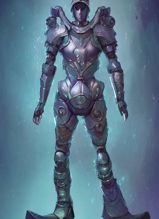 Prompt: of a full body, center frame hyper realistic digital arthero pose of a timepunk war cleric in a futuristic pearl armor, antenna tech helmet, dark gloomy environment. trending on artstation, art by lois van baarle by sung choi by john kirby artgerm style pascal blanche