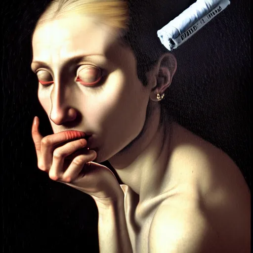Prompt: Colour Caravaggio style Photography of Beautiful woman with highly detailed 1000 years old face wearing higly detailed sci-fi halo above head designed by Josan Gonzalez. Woman holding cigarette between fingers in her hand, Many details by Michelangelo . In style of Josan Gonzalez and Mike Winkelmann andgreg rutkowski and alphonse muchaand Caspar David Friedrich and Stephen Hickman and James Gurney and Hiromasa Ogura. volumetric natural light