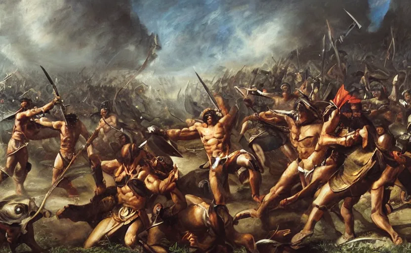 Image similar to oil painting of a spartan army charging against a giant cyclops,