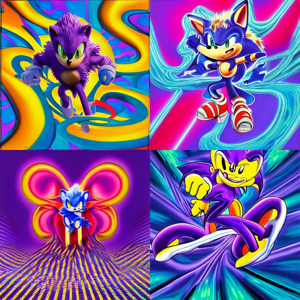 Image similar to surreal, sharp, detailed professional, high quality airbrush art MGMT album cover of a liquid dissolving DMT sonic the hedgehog, purple checkerboard background, 1990s 1992 Sega Genesis video game box art