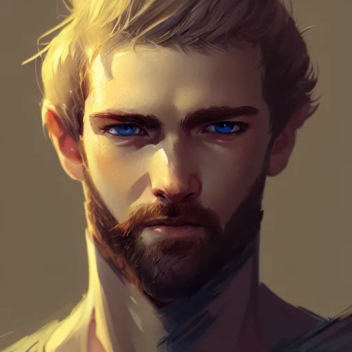 Image similar to a rugged young knight with blonde hair and blue eyes and a short beard and a scar under his left eye by Greg_Rutkowski, realistic, detailed, masterpiece, ArtStation