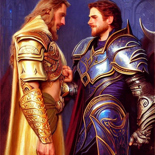 Image similar to attractive fully clothed arthas menethil confesses his love for his attractive fully clothed paladin uther lightbringer. highly detailed painting by gaston bussiere and j. c. leyendecker 8 k