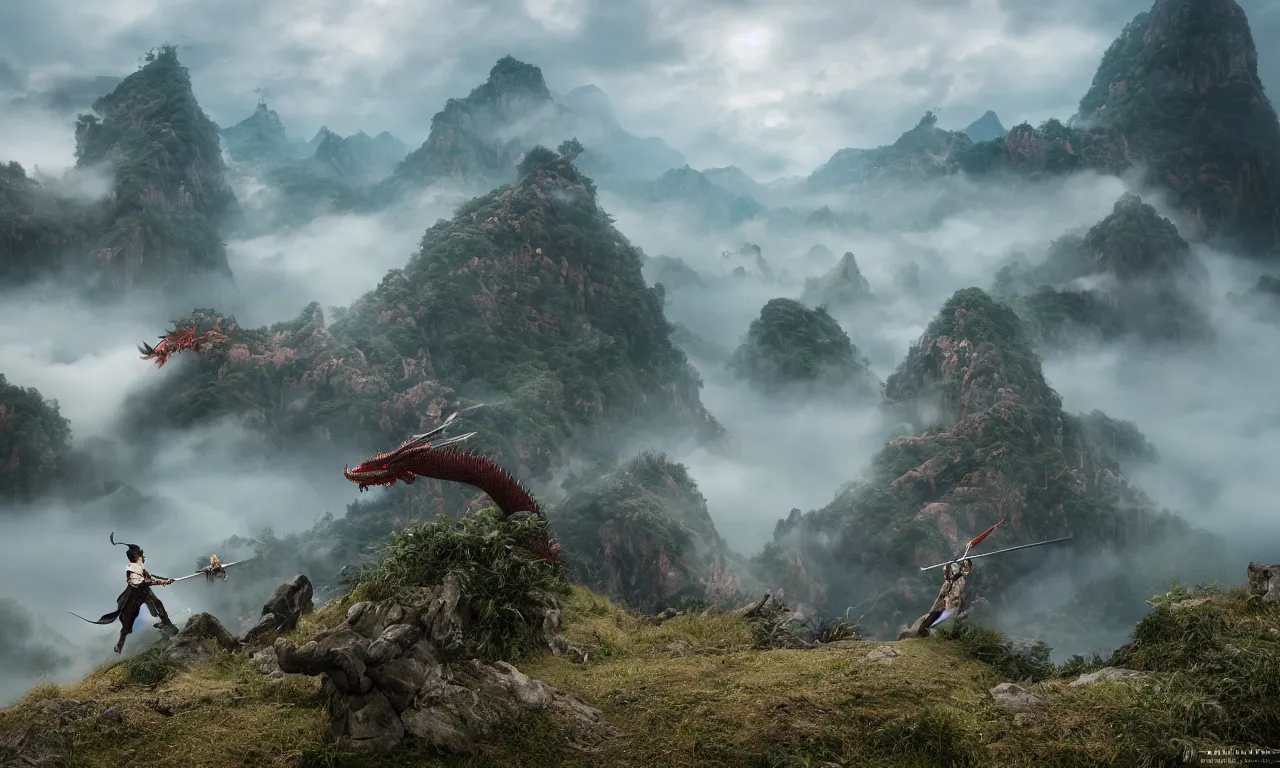 Prompt: a wuxia sword master battling the great oriental dragon on misty mountain , epic cinematic scene , 24mm f4 ,