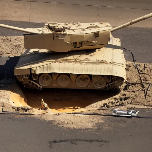 Prompt: m 1 a 2 abrams tank stuck in a pit of molten cheese