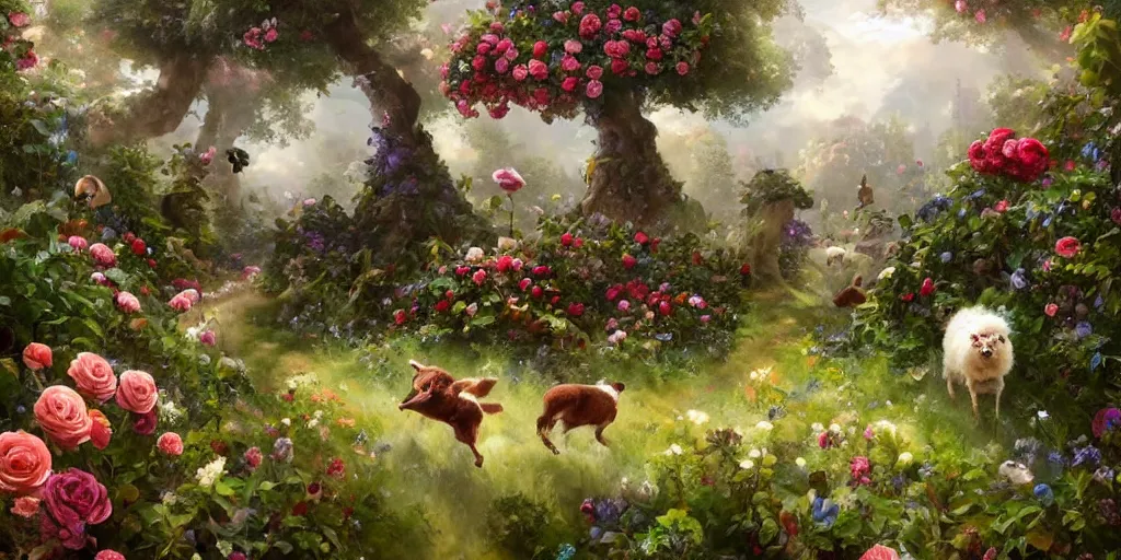 Prompt: portrait of a dog chasing sheep, running through a hedge garden of exotic flowers in the Mushroom Kingdom, giant mushrooms, and roses, from behind, streets, birds in the sky, sunlight and rays of light shining through trees, beautiful, solarpunk!!!, highly detailed, digital painting by Michael Garmash and Peter Mohrbacher