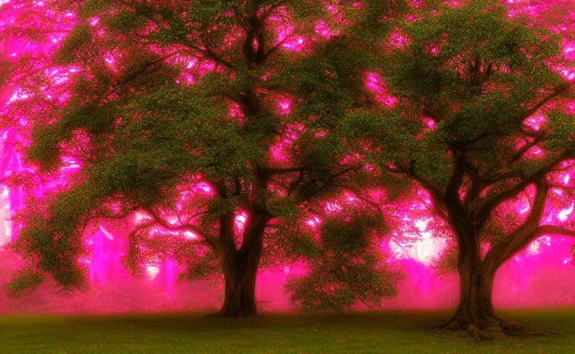 Image similar to a tree made of spiritual pink light painted by thomas cole