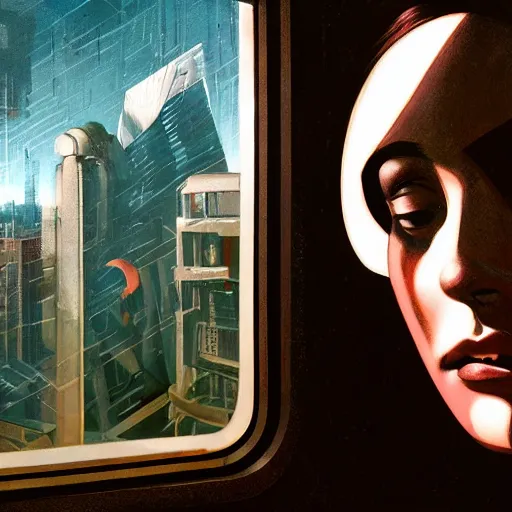 Image similar to detailed face of a woman, clockwork, moment, tectonic sky, skydome, bullet train, turbines, utopian, tech noir, wet reflections, prism, atmospheric, ambient, pj crook, syd mead, livia prima, artgerm, greg rutkowski, nick alm, casey baugh