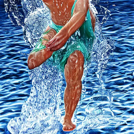 Prompt: a human water dancing, water style, hyperrealistic, hyper detail, full body shot