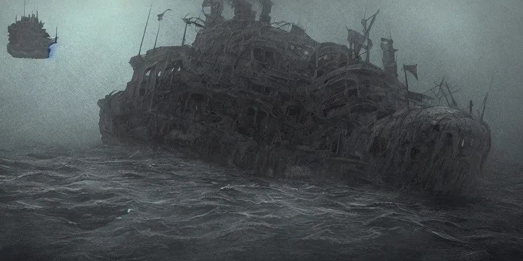 Image similar to an old ship on the bottom of the ocean that sunk long ago. mysterious, intimidating, haunted. horror movie screencap. epic. trending on artstation