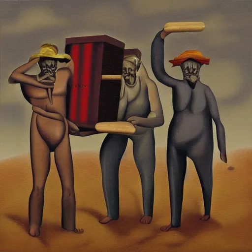 Prompt: a surrealism fantasy painting of the three men carrying a chest in the desert by finlay virgil