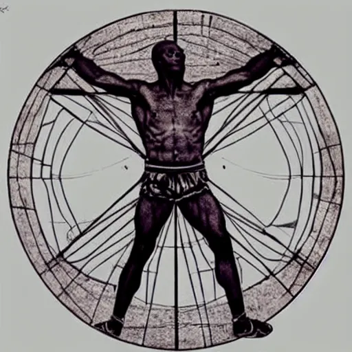 Image similar to Michael Jordan as the Vitruvian Man by leonardo da vinci, detailed, 8k, intricate blueprint