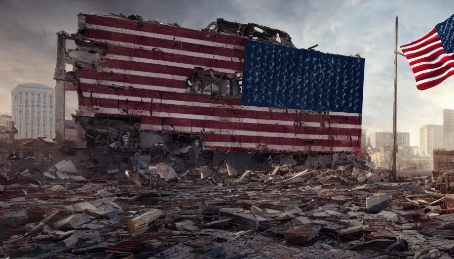 Image similar to american flag hanging on the remains of a building in destroyed washington dc, hyperdetailed, artstation, cgsociety, 8 k