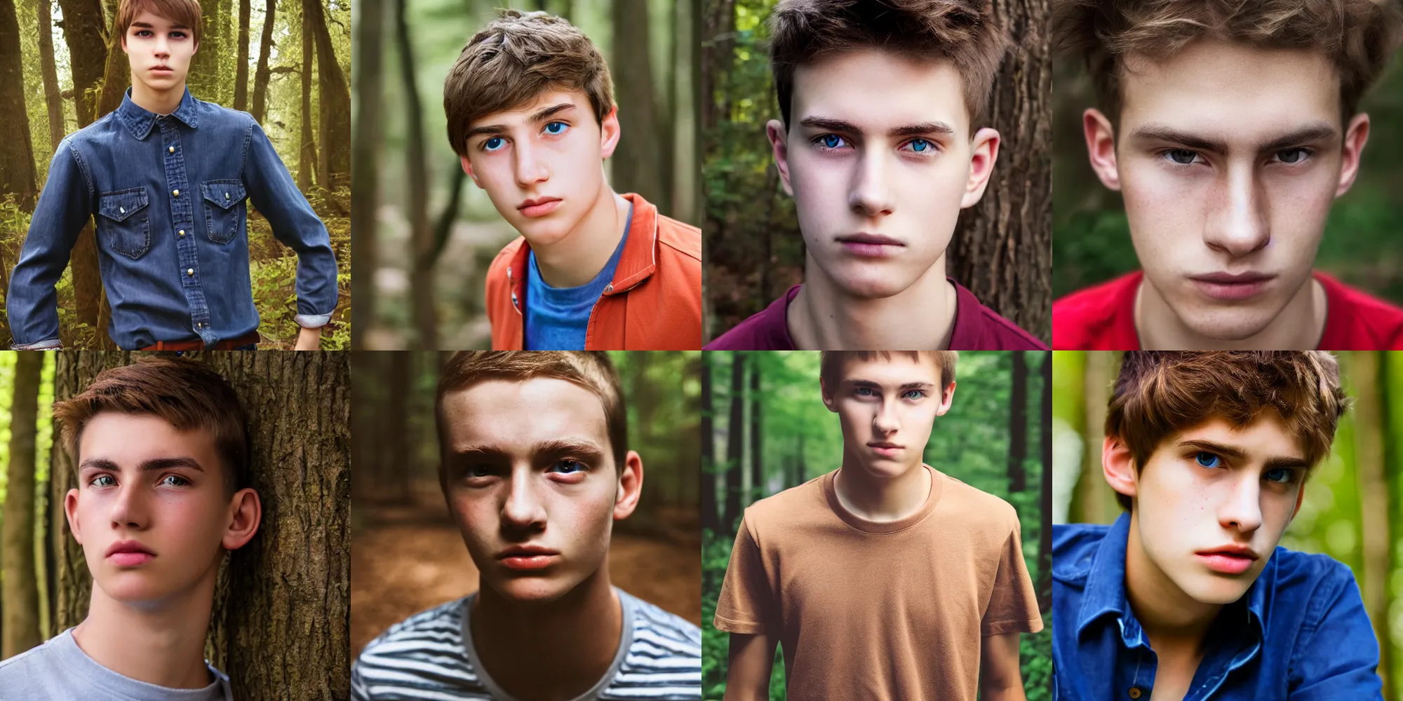 Prompt: portrait, male teenager, natural eyes, brown hair, thin eyebrows, red shirt, blue jeans, walking in forest, detailed face, realistic photo.