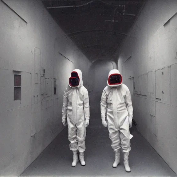 Prompt: two scientists wearing red rick owens hazmat suits in a tunnel of fluorescent lights by frank frazetta