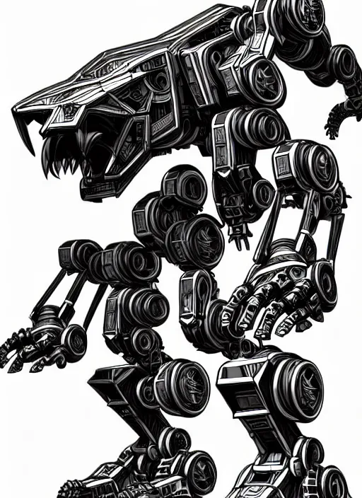 Image similar to very technical and detailed blueprint of a robot tiger, center frame, side view intricate details, ultra - detailed, baroque style, illustration, desaturated, concept art, in the style of battletech, zoids, voltron