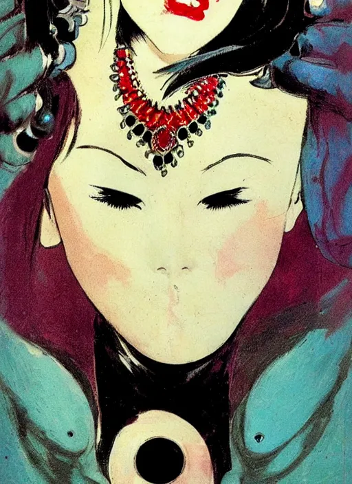 Image similar to female korean vampiress, jeweled headdress, heavy mascara, strong line, saturated color, beautiful! coherent! by frank frazetta, high contrast, minimalism