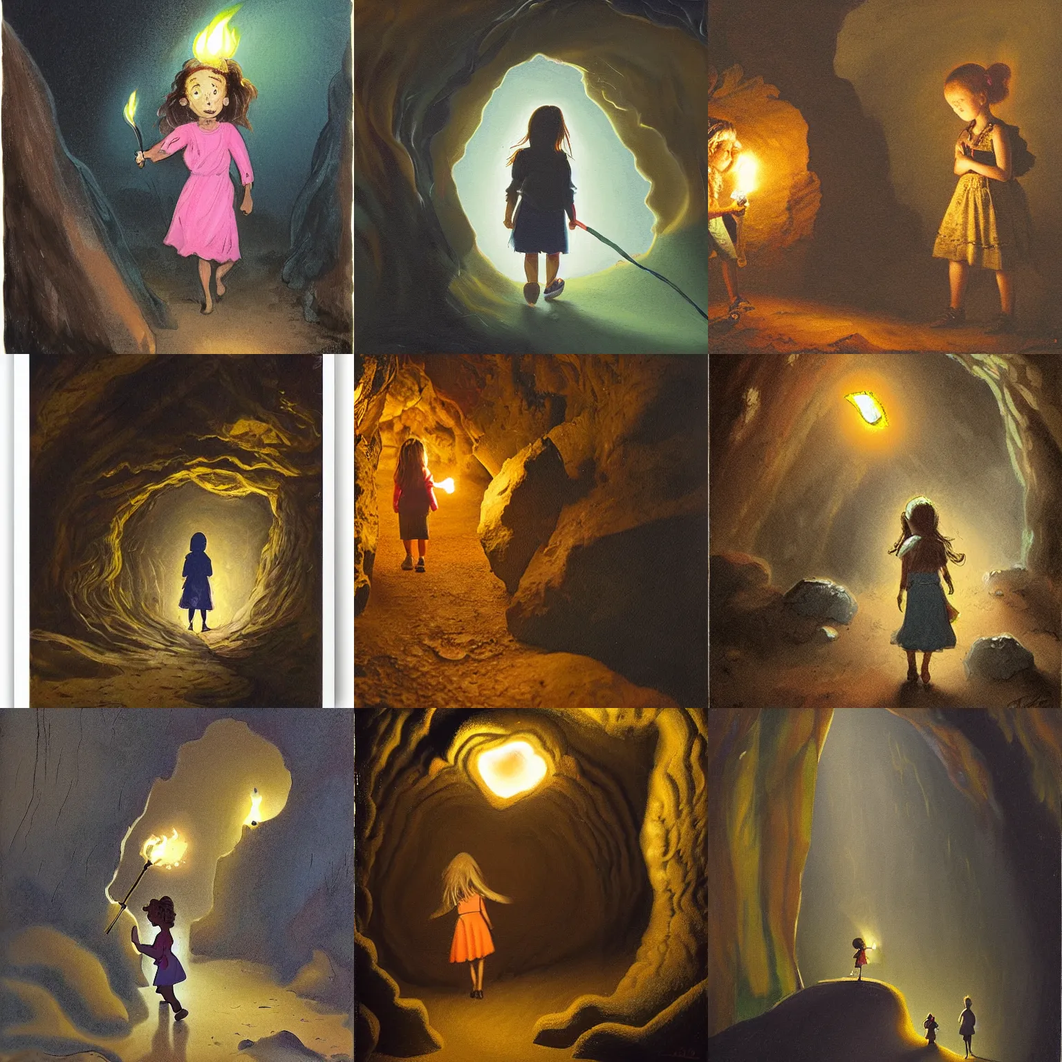 Prompt: a girl with a torch walking through a cave, the girl is scared, by mckie, angus