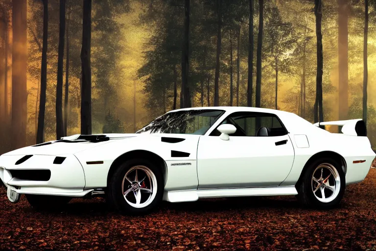 Prompt: reflective white pontiac firebird with flames paintjob with angelic wings attached to sides of the roof, dramatic, cinematic, forest, volumetric lighting