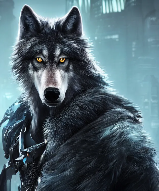 Image similar to portrait of a male anthropomorphic dark gray wolf, long red hair, blue eyes, in a futuristic city, hyper detailed, digital art, trending in artstation, cinematic lighting, studio quality, smooth render, unreal engine 5 rendered, octane rendered, art style by pixar dreamworks warner bros disney riot games and overwatch.