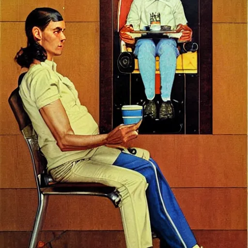 Prompt: Transhuman, cyborg, drinking coffee in a wood paneled living room, 1970s living room, art by Norman Rockwell