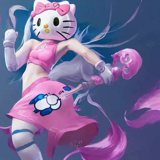 Image similar to Hello Kitty as a League of Legends character, by Stanley Artgerm Lau, WLOP, Rossdraws, James Jean, Andrei Riabovitchev, Marc Simonetti, Yoshitaka Amano, ArtStation, CGSociety,