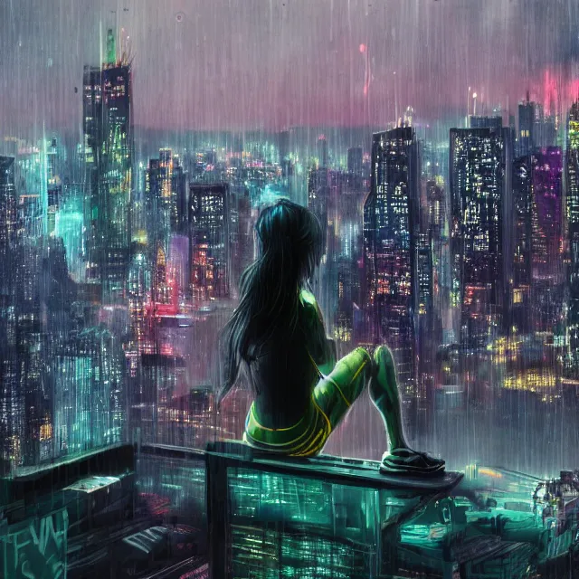 Prompt: a girl!!!! sitting on a solid ledge overlooking a futuristic new york city below, ghostpunk, neon lights, storm clouds, rain falling, detailed background, sharp details, by tsutomu nihei