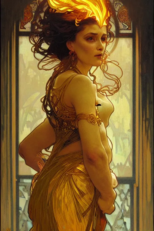 Image similar to A woman wearing golden mask, hair like fire, painting by greg rutkowski and alphonse mucha