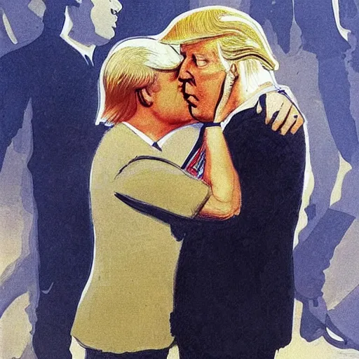 Prompt: boris johnson and donald trump kissing in the style of my god, help me to survive this deadly love by dmitri vrubel