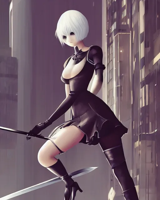 Prompt: 2B from Nier Automata and with slender body type standing in front of a large building holding a sword, cartoon illustration, trending in artstation, artstationHD, artstationHQ, cyberpunk 8k