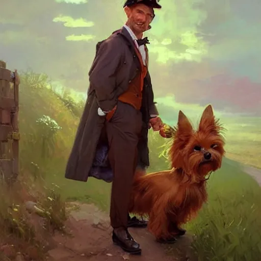 Prompt: cute yorkshire terrier delivery guy, Renowned character illustration by greg rutkowski, thomas kindkade, alphonse mucha, loish, norman rockwell. Trending on furaffinity. Digital art.