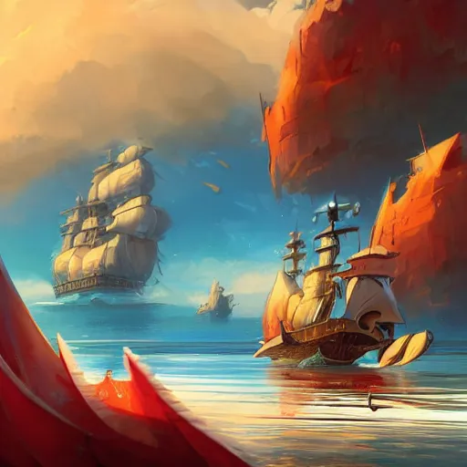 Image similar to two large pirates ship floating on top of a body of water, fighting each other, pirates flag , cgsociety, fantasy art, 2d game art, concept art , ambient occlusion, bokeh, behance hd , concept art by Jesper Ejsing, by RHADS, Makoto Shinkai Cyril Rolando