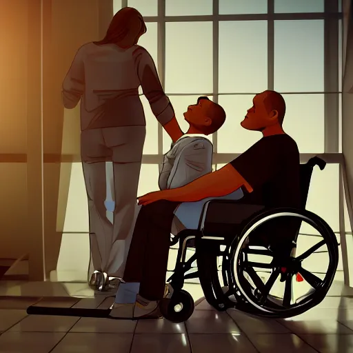 Prompt: a male patient in a wheelchair in the hospital with his wife and son standing by. happy, cheerful, intricate, sharp focus, artstation, cinematic, 8 k, award winning