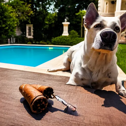 Image similar to a very detailed photo of a dog smoking a cigar outside the mansion by the pool