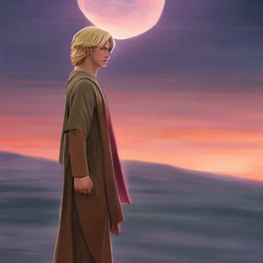 Image similar to a young blonde male jedi with short hair standing still looking at the sunset concept art by Doug Chiang cinematic, realistic painting, high definition, concept art