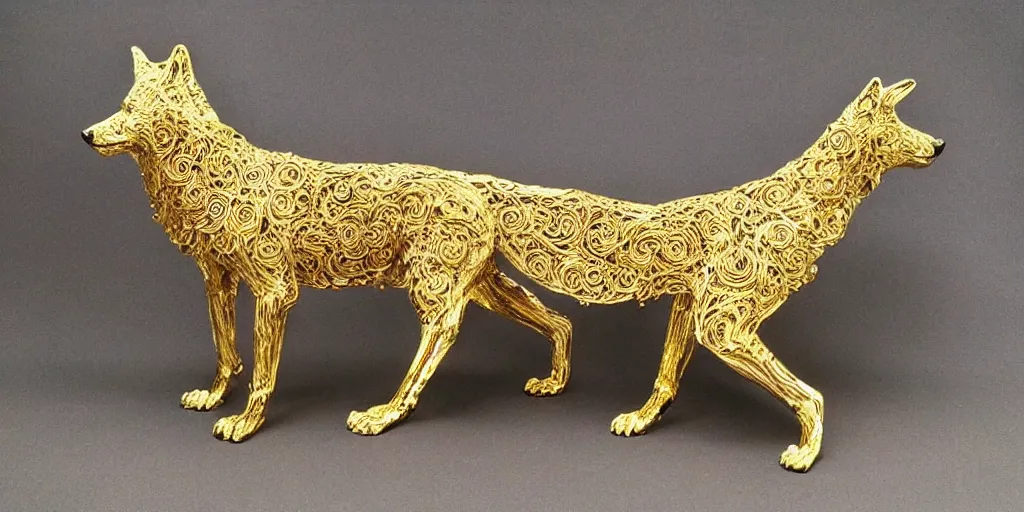 Image similar to gorgeous wolf statue with gold filigree