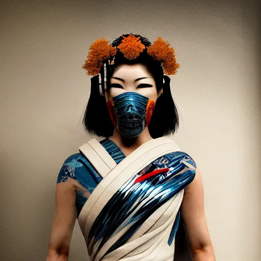 Prompt: a hyper realistic stunningly cyborg tradition geisha photograph, covering face with a intricate sci - fi fan, in a dark street, metal gear solid, dark moody backlighting, ray tracing, octane render,