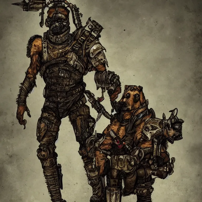 Image similar to a good ol'hound dog fursona ( from the furry fandom ), heavily armed and armored facing down armageddon in a dark and gritty version from the makers of mad max : fury road. witness me.