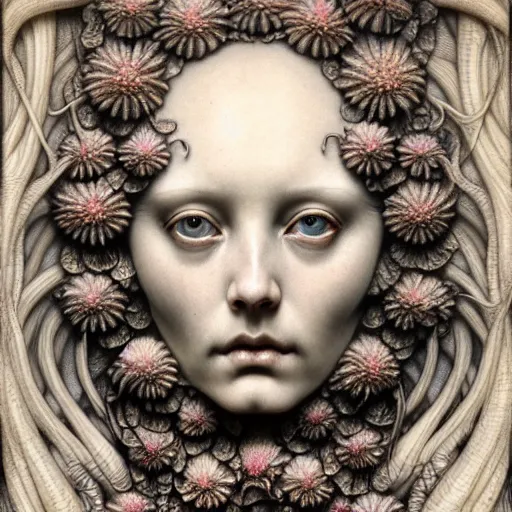 Prompt: detailed realistic beautiful porcelain calaveras goddess face portrait by jean delville, gustave dore, iris van herpen and marco mazzoni, art forms of nature by ernst haeckel, art nouveau, symbolist, visionary, gothic, neo - gothic, pre - raphaelite, fractal lace, intricate alien botanical biodiversity, surreality, hyperdetailed ultrasharp octane render