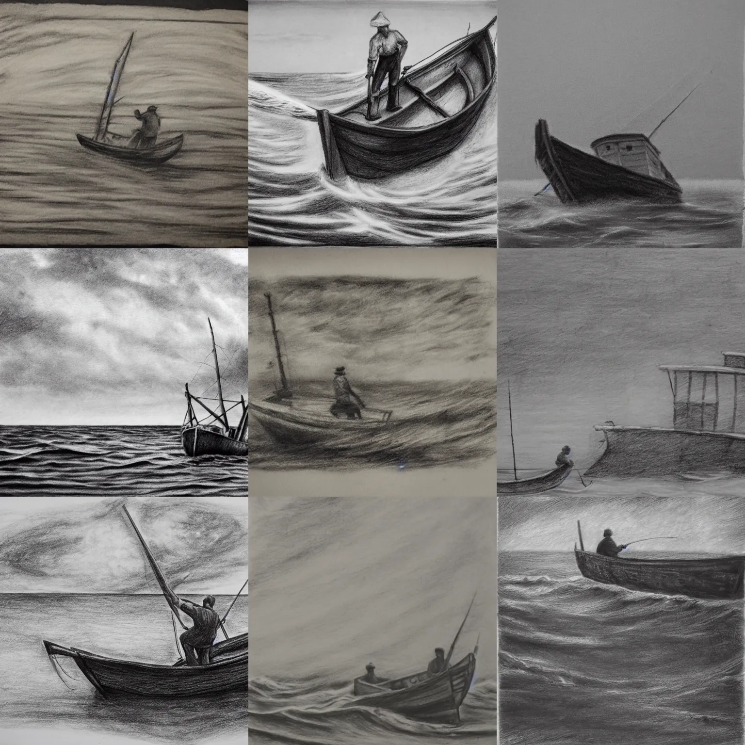 Prompt: charcoal drawing of fisherman in an old fishing boat in rough sea