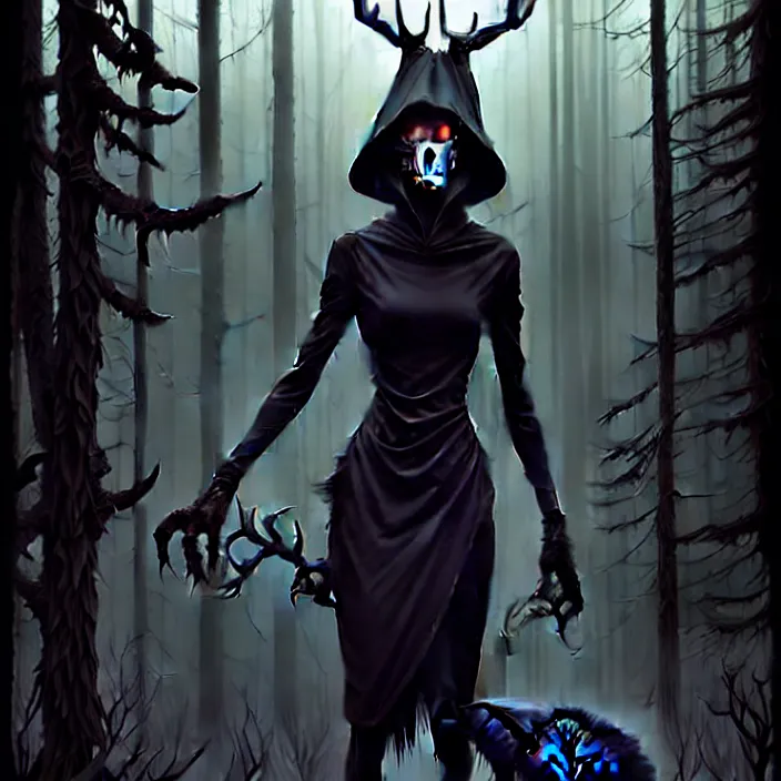 Image similar to style artgerm, joshua middleton, steve niles, gerald brom, scary wendigo with antlers and skull face mixed with werewolf, beautiful witch wearing a black dress on the right side, in the forest, detailed, dark and foggy, cinematic lighting